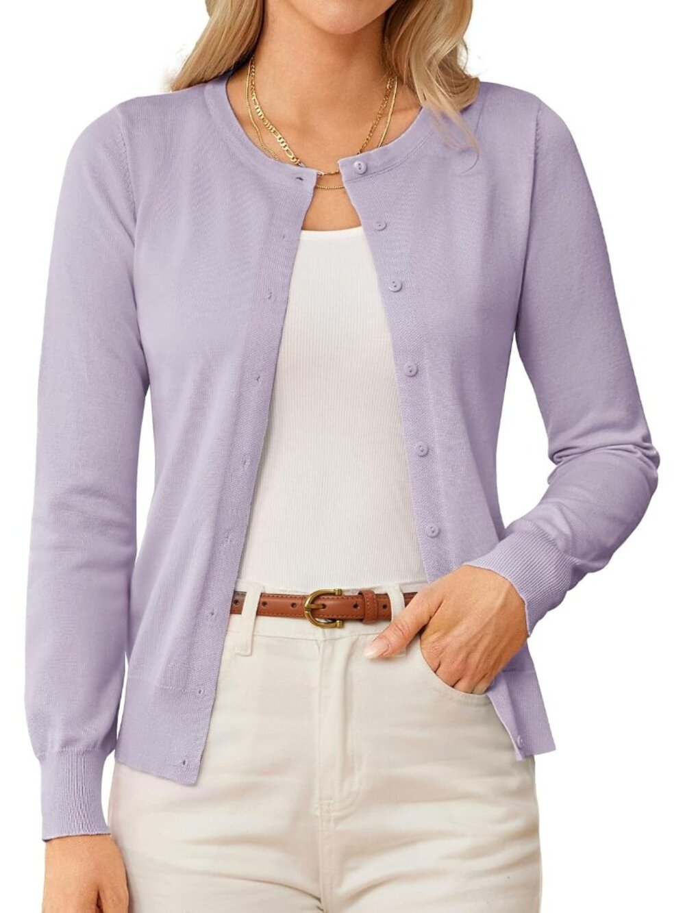 🆕Women's Light Purple 1 Crew-neck Knit Cardigan Sweater Lightweight Button Up